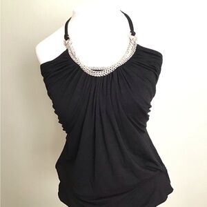 White House Black Market Black Drapey Halter with Jewel Neck